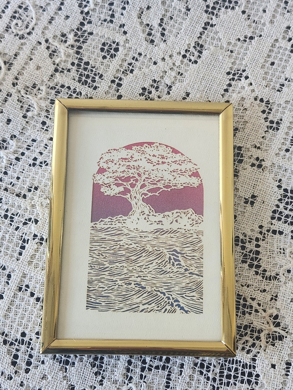 Vintage Paper Cut Pink and Gold Tree Arch Mixed Media Art